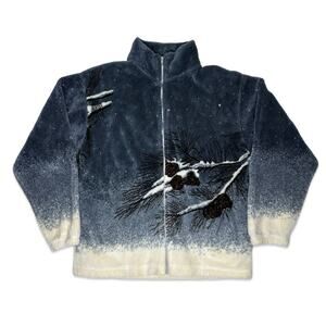 Rare VTG Acorn Snow Winter Print Full Zip Fleece Streetwear Dad Grandpa Coat XXL